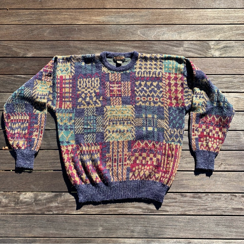Vintage 80s Colorful Multicolor Geometric Loud Cosby Grandpa Plaid Sweater XL - Picture 14 of 17